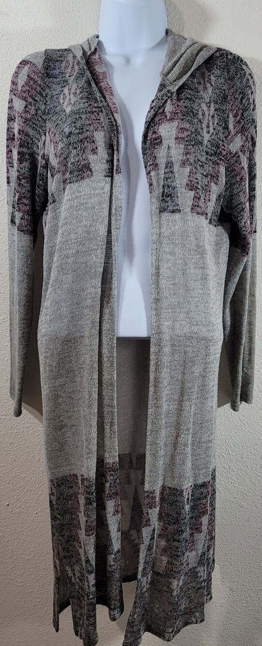 It's Our Time Gray Burgundy Black Open Front Hooded Coatigan Large Lightweight